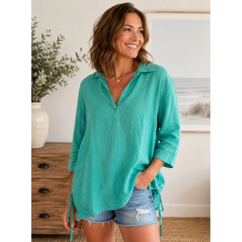 Isaac Mizrahi New York Linen Teal Tunic Blouse Womens Large 3/4 Sleeve Side Tie